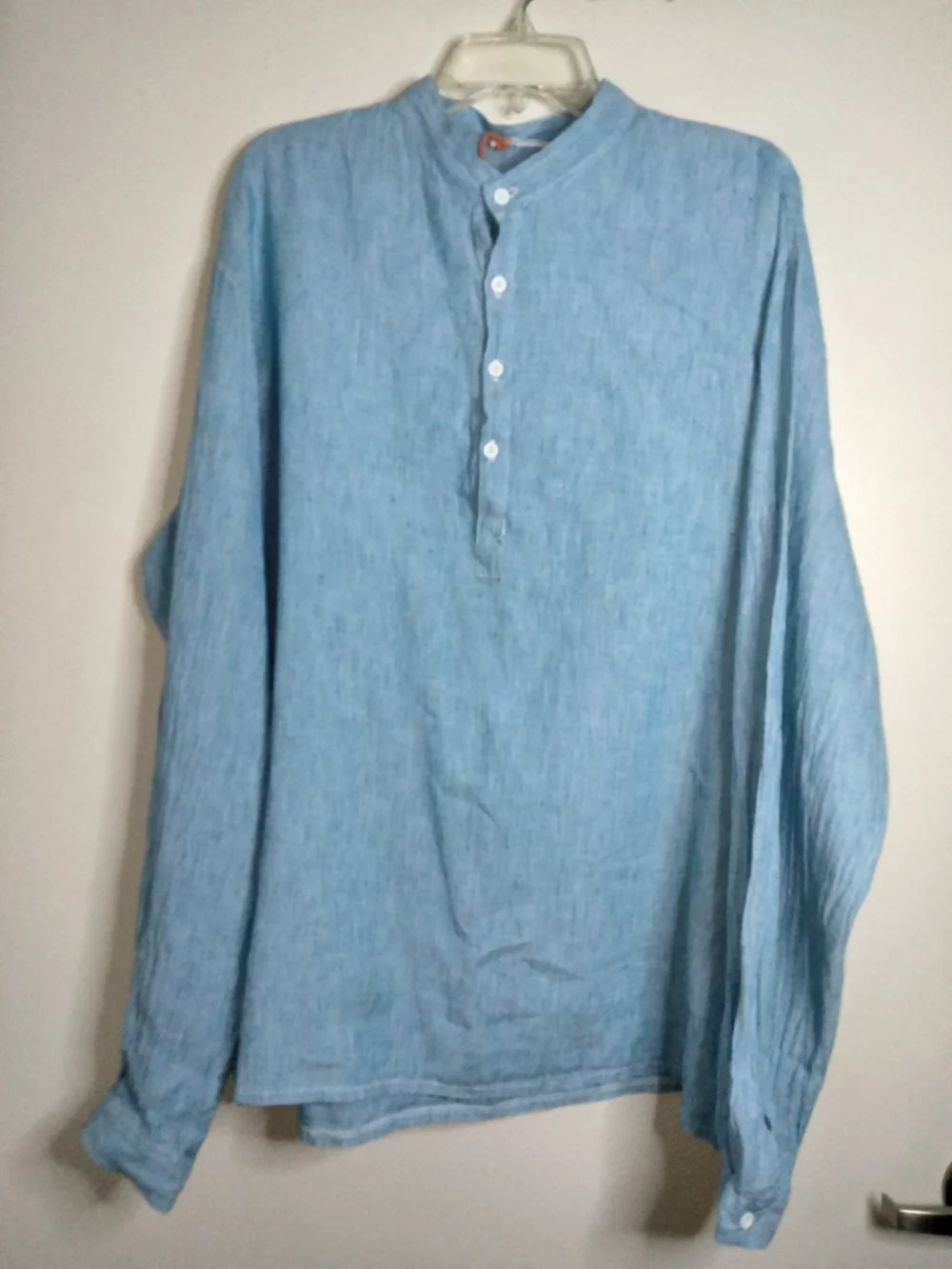 Moraitis Linen (Size XL) Men's Light Blue Linen Button Henley LS Popover Shirt